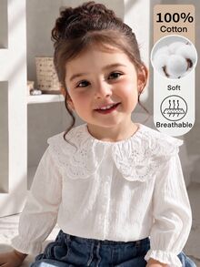 Souflis Souflis Baby Girl Spring/Autumn White Lace Round Neck Long Sleeve Blouse, Fashionable Versatile Doll Shirt With Elastic Cuffs, Comfortable And Stylish For Daily Wear - White - View 2