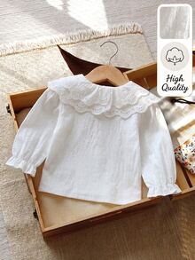 Souflis Souflis Baby Girl Spring/Autumn White Lace Round Neck Long Sleeve Blouse, Fashionable Versatile Doll Shirt With Elastic Cuffs, Comfortable And Stylish For Daily Wear - White - View 3
