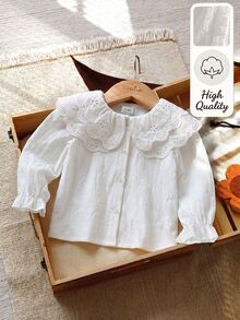 Souflis Souflis Baby Girl Spring/Autumn White Lace Round Neck Long Sleeve Blouse, Fashionable Versatile Doll Shirt With Elastic Cuffs, Comfortable And Stylish For Daily Wear - White - View 9
