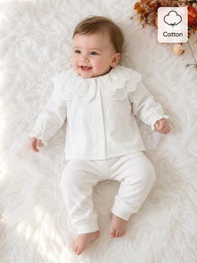 Souflis Souflis Baby Girl Spring/Autumn White Lace Round Neck Long Sleeve Blouse, Fashionable Versatile Doll Shirt With Elastic Cuffs, Comfortable And Stylish For Daily Wear - White - View 5