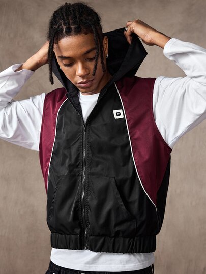 Men's Colorblock Embroidered Zip-Up Hooded Vest Jacket