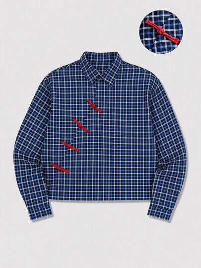 Street Life Camisa de manga larga estilo chino nuevo para hombre con cuadros azul & blanco y botones de rana hechos a mano en rojo, blusa holgada casual versátil