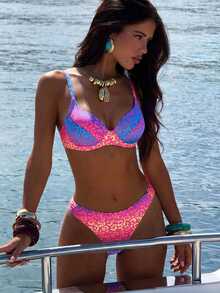 SHEIN Swim 两件套性感豹纹聚拢加垫比基尼套装，女士夏季沙滩装斑马纹罩衫两件套泳衣 - 彩色 - 查看 1