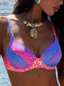 SHEIN Swim 两件套性感豹纹聚拢加垫比基尼套装，女士夏季沙滩装斑马纹罩衫两件套泳衣 - 彩色 - 查看 4