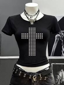 IslaSuriya 哥德風 Grunge 龐克搖滾嘻哈女款短袖 T 恤 性感修身時尚休閒基本款短版上衣 Y2K 女孩服飾 萬聖節 - 黑色 - 查看 5