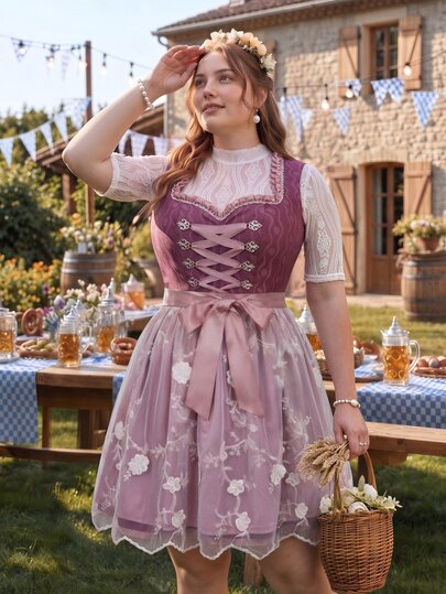 SHEIN Frenchy Plus Size Sweet Exquisite Lace Patchwork Drawstring Tie Dress Elegant Dress For Women Elegant Oktoberfest Dress For Women Country Style Dress Women