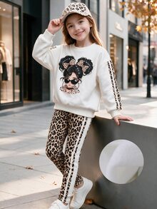 SHEIN 女童秋季豹紋抓絨運動衫與緊身褲套裝，舒適秋季居家休閒服 - 白色 - 查看 4