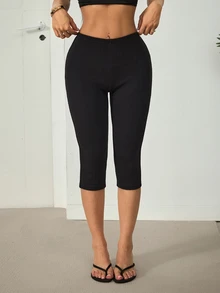 SHEIN PETITE 女款純色休閒百搭日常穿著緊身七分/十分長褲 - 黑色 - 查看 7