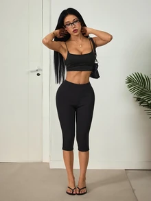 SHEIN PETITE 女款純色休閒百搭日常穿著緊身七分/十分長褲 - 黑色 - 查看 6
