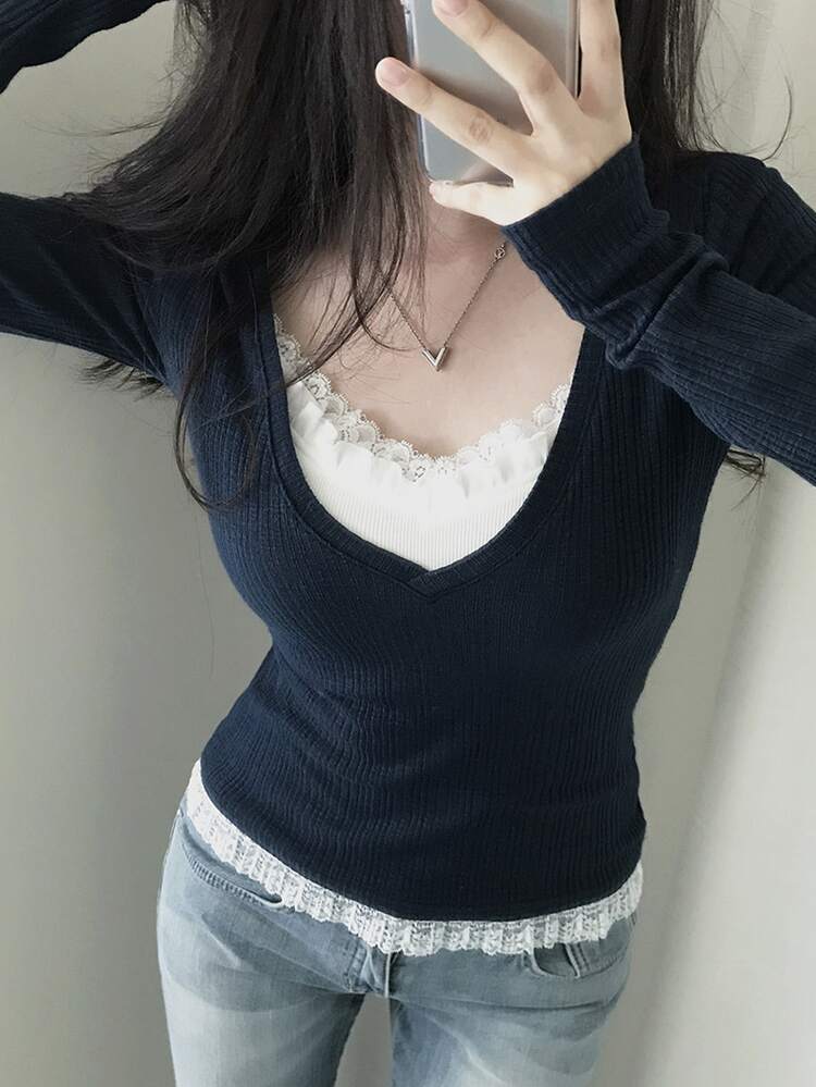 DAZY 女款V領純色極簡性感長袖優雅T恤 秋季 - 藍色 - 查看 5