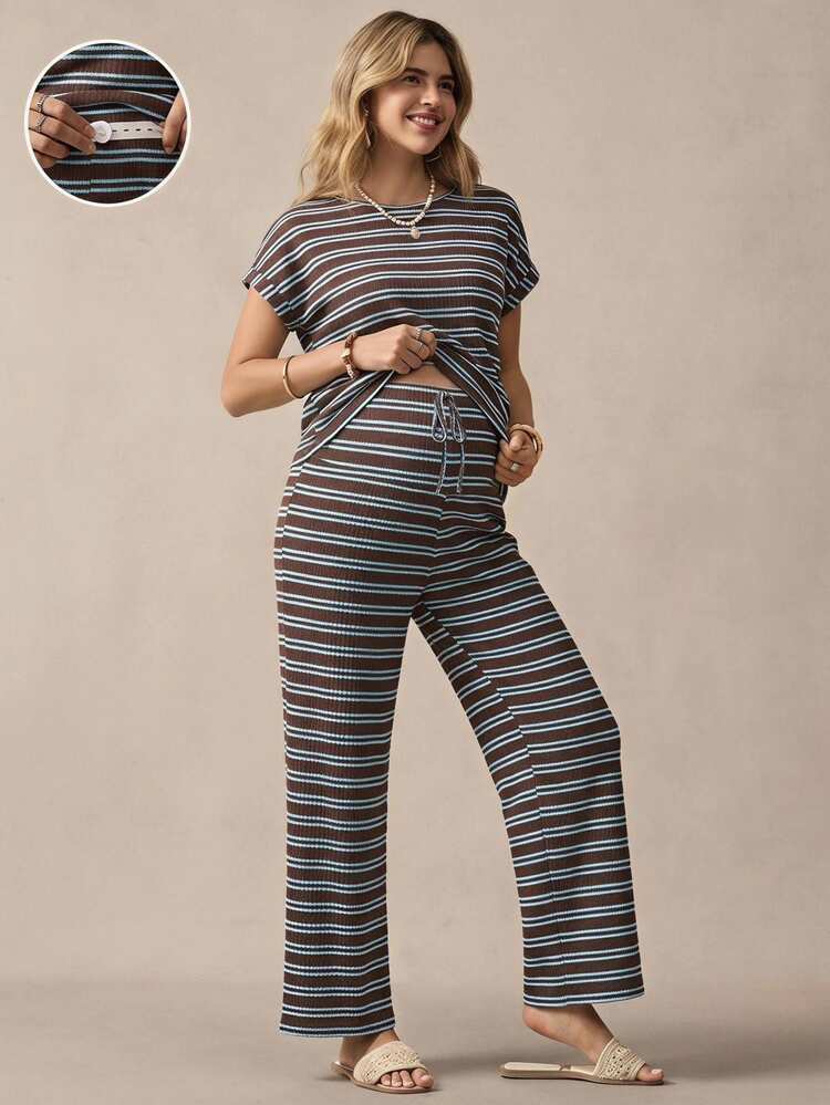 Boho Mama Maternity Blue Round Neck Batwing Short Sleeve T-Shirt And Adjustable Waist Pants Casual 2 Pieces Set Going Out Photoshoot Formal BOHO Summer - Blue - View 1