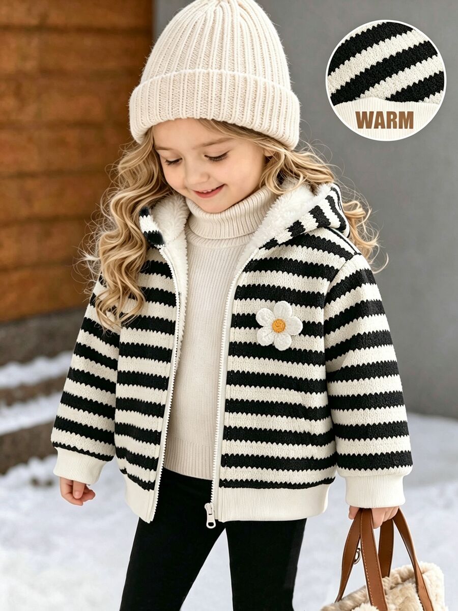 SHEIN Playful Pals 幼女拉鍊連帽外套 可愛甜美 黑白條紋花卉 抓絨內裡 長袖 加厚 戶外派對 冬季保暖 芭蕾慢跑用 拉鍊式