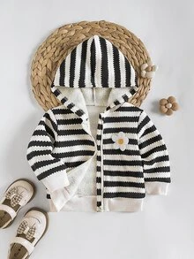 SHEIN Playful Pals 幼女拉鍊連帽外套 可愛甜美 黑白條紋花卉 抓絨內裡 長袖 加厚 戶外派對 冬季保暖 芭蕾慢跑用 拉鍊式 - 黑與白 - 查看 4