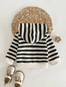 SHEIN Playful Pals 幼女拉鍊連帽外套 可愛甜美 黑白條紋花卉 抓絨內裡 長袖 加厚 戶外派對 冬季保暖 芭蕾慢跑用 拉鍊式 - 黑與白 - 查看 3