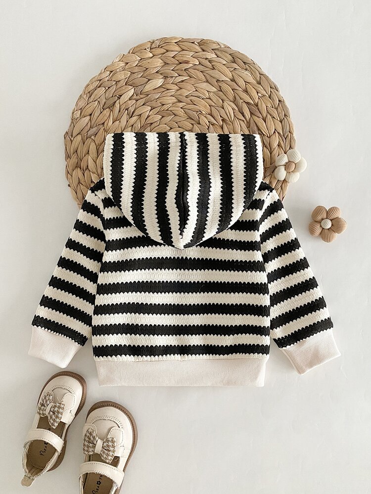 SHEIN Playful Pals Baby Girls Casual Textured Striped Thermal Lined Hooded Zip-Up Jacket, Suitable For Autumn/Winter - Black and White - View 2