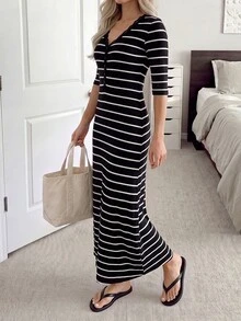 Easowa 女款休閒優雅通勤早午餐黑白條紋洋裝 秋季 - 黑與白 - 查看 4