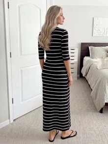Easowa 女款休閒優雅通勤早午餐黑白條紋洋裝 秋季 - 黑與白 - 查看 6