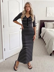 Easowa 女款休閒優雅通勤早午餐黑白條紋洋裝 秋季 - 黑與白 - 查看 5