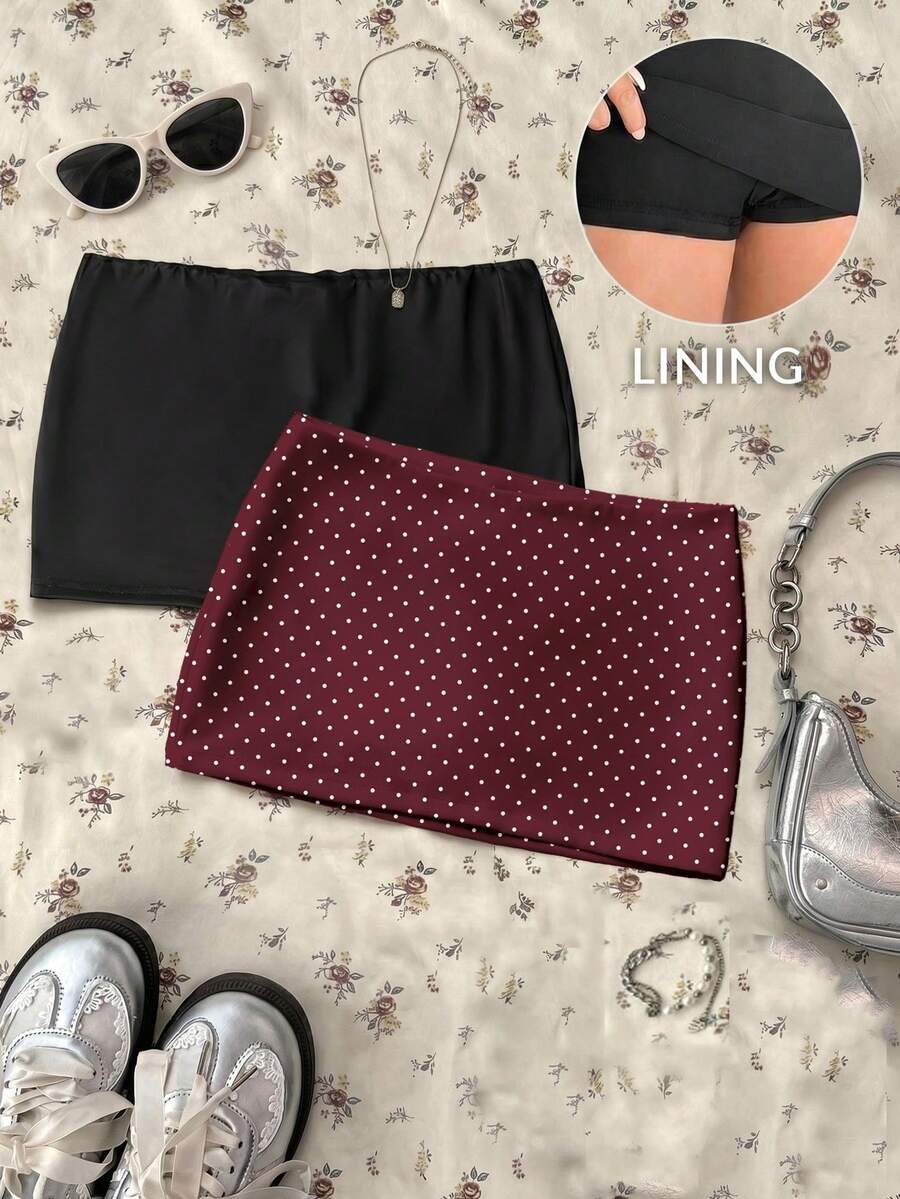 Attitoon 2pcs/Set Sexy Cute Mini Skirt, Casual Retro Punk Y2K Versatile Polka Dot Print, Suitable For Music Festival, Gothic, Women Autumn Back-To-School Daily - Multicolor - View 1