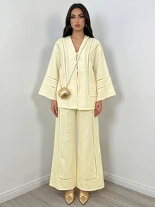 Elenzga 女款蝴蝶結蕾絲飾邊拼接開襟襯衫與長褲兩件套 - 黃色 - 查看 6