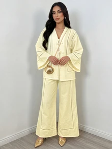 Elenzga 女款蝴蝶結蕾絲飾邊拼接開襟襯衫與長褲兩件套 - 黃色 - 查看 5