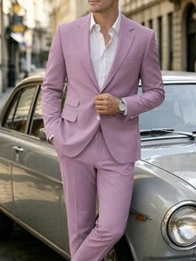 Manfinity Mode Setelan Jas Pria Polos Warna Solid Kancing Tunggal Kerah Berlekuk Lengan Panjang Blazer dan Celana Panjang Kasual untuk Perjalanan Kerja, Formal, Gaya Klasik - Dusty Pink - View 4
