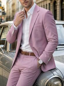 Manfinity Mode Setelan Jas Pria Polos Warna Solid Kancing Tunggal Kerah Berlekuk Lengan Panjang Blazer dan Celana Panjang Kasual untuk Perjalanan Kerja, Formal, Gaya Klasik - Dusty Pink - View 1