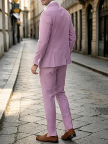Manfinity Mode Setelan Jas Pria Polos Warna Solid Kancing Tunggal Kerah Berlekuk Lengan Panjang Blazer dan Celana Panjang Kasual untuk Perjalanan Kerja, Formal, Gaya Klasik - Dusty Pink - View 2