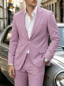 Manfinity Mode Setelan Jas Pria Polos Warna Solid Kancing Tunggal Kerah Berlekuk Lengan Panjang Blazer dan Celana Panjang Kasual untuk Perjalanan Kerja, Formal, Gaya Klasik - Dusty Pink - View 3