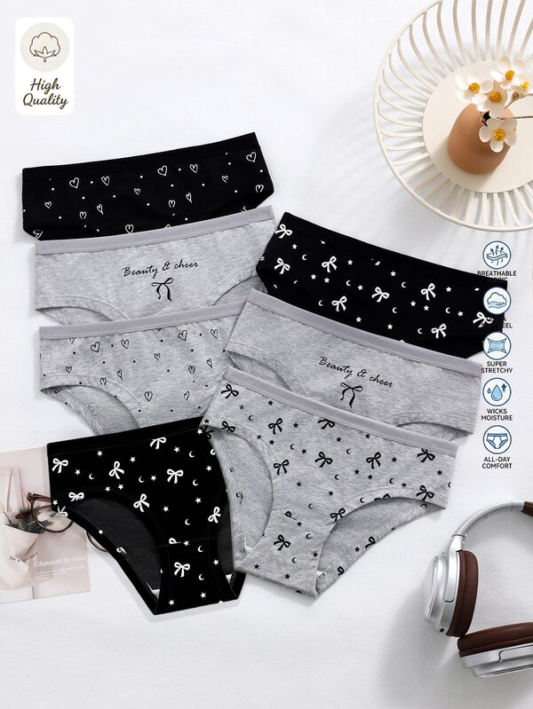 7pcs Girls Heart Print Line Star English Letter Cartoon Cute Fashion Triangle Panties