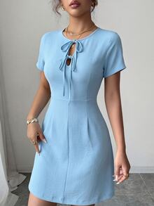 Modelyn Light Blue Round Neck Short Sleeve Double Bow Cutout High Waist Elegant A-Line Short Summer Dress, Ideal For Summer Vacation & Daily Wear - Blue - View 8