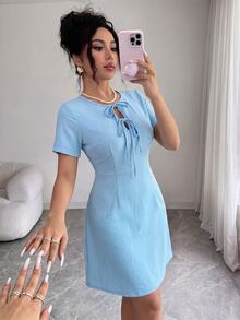 Modelyn Light Blue Round Neck Short Sleeve Double Bow Cutout High Waist Elegant A-Line Short Summer Dress, Ideal For Summer Vacation & Daily Wear - Blue - View 2
