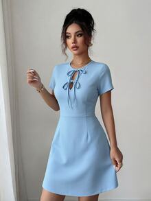 Modelyn Light Blue Round Neck Short Sleeve Double Bow Cutout High Waist Elegant A-Line Short Summer Dress, Ideal For Summer Vacation & Daily Wear - Blue - View 6