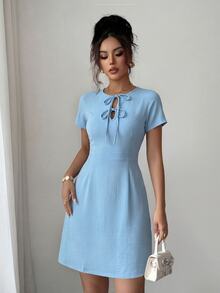 Modelyn Light Blue Round Neck Short Sleeve Double Bow Cutout High Waist Elegant A-Line Short Summer Dress, Ideal For Summer Vacation & Daily Wear - Blue - View 4