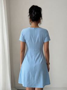 Modelyn Light Blue Round Neck Short Sleeve Double Bow Cutout High Waist Elegant A-Line Short Summer Dress, Ideal For Summer Vacation & Daily Wear - Blue - View 3