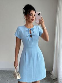 Modelyn Light Blue Round Neck Short Sleeve Double Bow Cutout High Waist Elegant A-Line Short Summer Dress, Ideal For Summer Vacation & Daily Wear - Blue - View 7