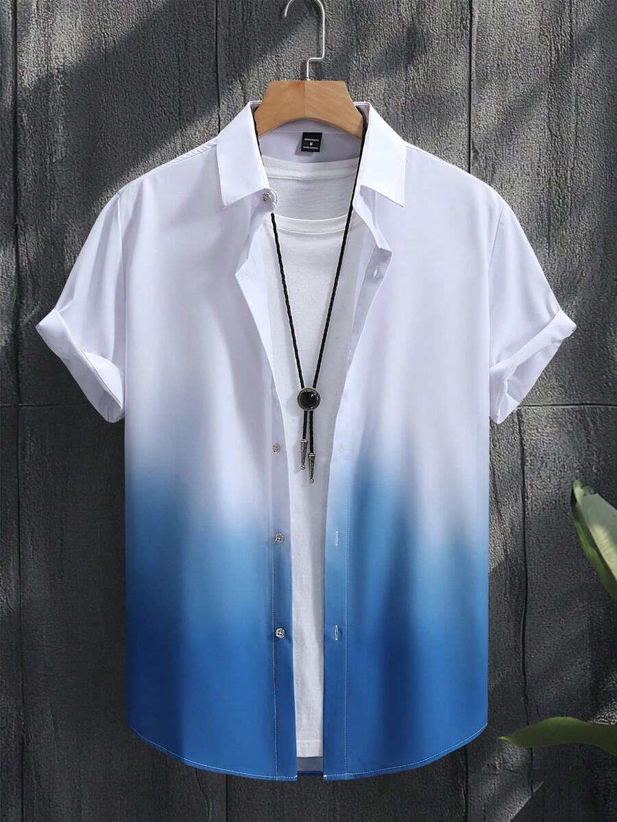 Genlund Men's Gradient Color Casual Short Sleeve Shirt For Daily Wear - Blue and White - View 1