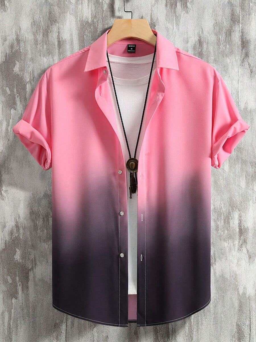 Genlund Men's Gradient Color Casual Short Sleeve Shirt For Daily Wear - Pink - View 1