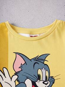 TOM & JERRY X SHEIN 小男孩卡通印花圓領T恤短褲套裝 - 黃色 - 查看 4