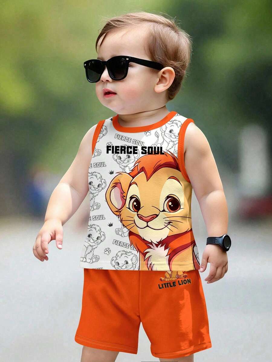 SHEIN Unisex Baby/Toddler Lion King Graphic Soft Comfortable Casual Vest & Shorts Set, Suitable For Spring/Summer