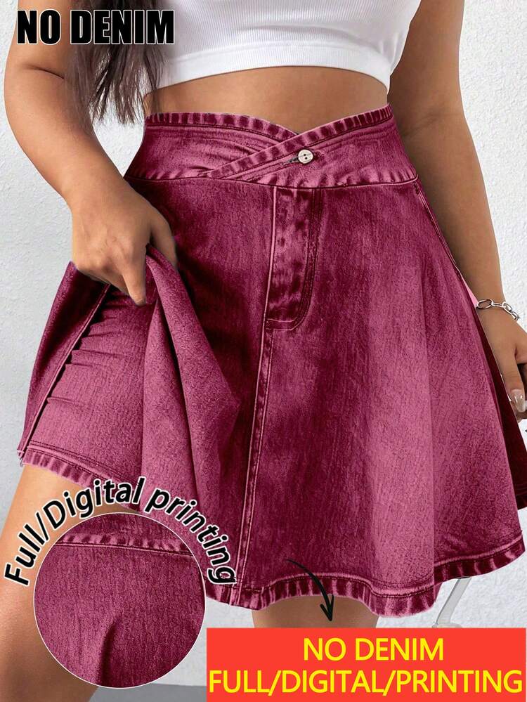 Elenzga Plus Size Women's Burgundy Autumn Smart Casual Everyday Denim Effect Print High Waist Stretchy A-Line Skort, Fashionable Sports Running Skirt - Burgundy - View 1