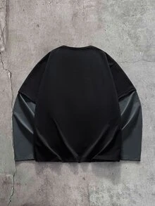 Manfinity NXTstreet 男士條紋拼色圓領長袖T恤，休閒極簡風 - 黑色 - 查看 2