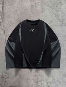 Manfinity NXTstreet 男士條紋拼色圓領長袖T恤，休閒極簡風 - 黑色 - 查看 6