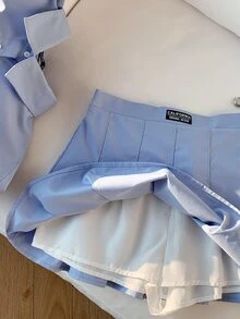 青少年女孩休闲纯色 Polo 领短款上衣和百褶裙套装 - 藍色 - 查看 4