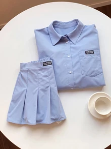青少年女孩休闲纯色 Polo 领短款上衣和百褶裙套装 - 藍色 - 查看 5