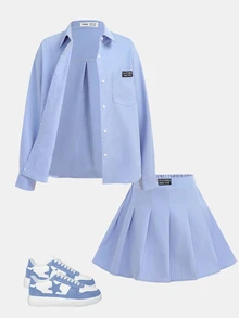 青少年女孩休闲纯色 Polo 领短款上衣和百褶裙套装 - 藍色 - 查看 6