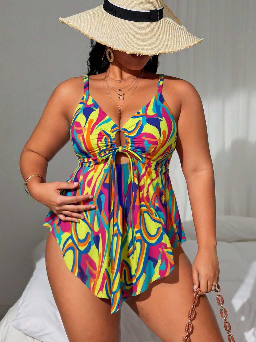 Swim Lushoire 2 件大码女式沙滩裙泳衣，随机印花坦基尼和罩衫泳装套装，休闲假日风格