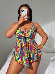 Swim Lushoire 2 件大码女式沙滩裙泳衣，随机印花坦基尼和罩衫泳装套装，休闲假日风格 - 彩色 - 查看 6