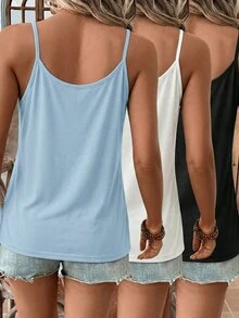 SHEIN LUNE 3pcs Black White Sky Blue Knitted Jacquard Lace Trim Camisole Tank Tops, Suitable For Spring And Summer - Multicolor - View 2