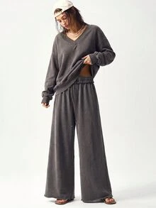 Bohemela Casual Solid Color Knit Loose Sweatshirt & Pants 2 Pieces Set For Women - Brown - View 4